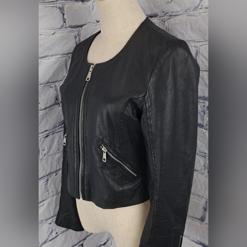 Bagatelle NYC Women's Genuine Leather Jacket Perforated Cropped Zip Cuffs Medium - Picture 11 of 16